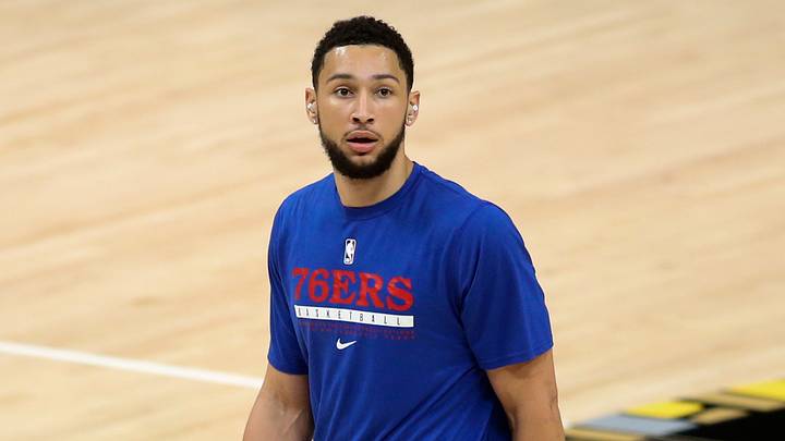 Philadelphia 76ers guard Ben Simmons (25) warms up before game four in the second round of the 2021 NBA Playoffs against the Atlanta Hawks. at State Farm Arena. Philadelphia 76ers guard Ben Simmons (25) warms up before game four in the second round of the 2021 NBA Playoffs against the Atlanta Hawks. at State Farm Arena.
