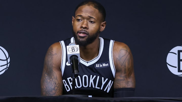 Sep 23, 2025; Brooklyn, NY, USA;  Brooklyn Nets forward Haywood Highsmith (7) speaks at Media Day. Mandatory Credit: Wendell Cruz-Imagn Images