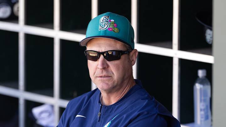 Feb 25, 2026; Surprise, Arizona, USA; Seattle Mariners manager Dan Wilson against the Kansas City Royals during a spring training game at Surprise Stadium. Mandatory Credit: Mark J. Rebilas-Imagn Images