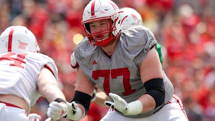 Offensive lineman Gunnar Gottula in action during the 2024 Nebraska football spring game.