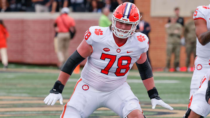 Sep 24, 2022; Winston-Salem, North Carolina, USA;  Clemson Tigers offensive lineman Blake Miller (78) and offensive lineman Walker Parks (64) block during the second quarter against the Wake Forest Demon Deacons at Truist Field. Mandatory Credit: Reinhold Matay-Imagn Images