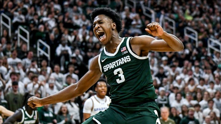 Michigan State's Cam Ward celebrates after his dunk against San Jose State during the second half on Thursday, Nov. 13, 2025, at the Breslin Center in East Lansing.