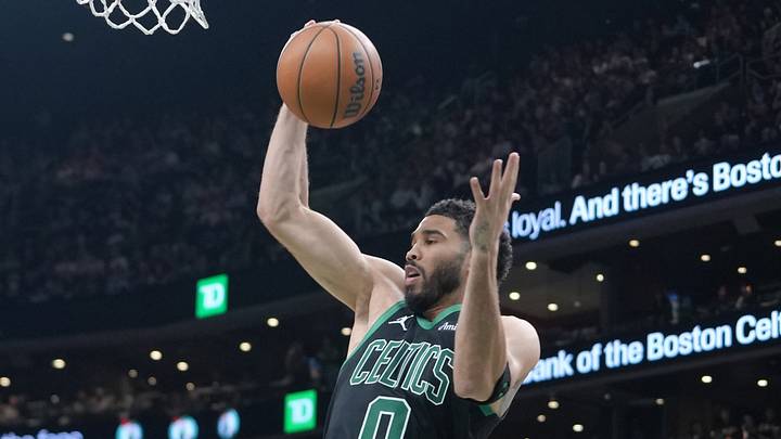Apr 5, 2026; Boston, Massachusetts, USA; Boston Celtics forward Jayson Tatum (0) grabs a rebound against the Toronto Raptors during the second half at TD Garden. Mandatory Credit: Gregory Fisher-Imagn Images Apr 5, 2026; Boston, Massachusetts, USA; Boston Celtics forward Jayson Tatum (0) grabs a rebound against the Toronto Raptors during the second half at TD Garden. Mandatory Credit: Gregory Fisher-Imagn Images