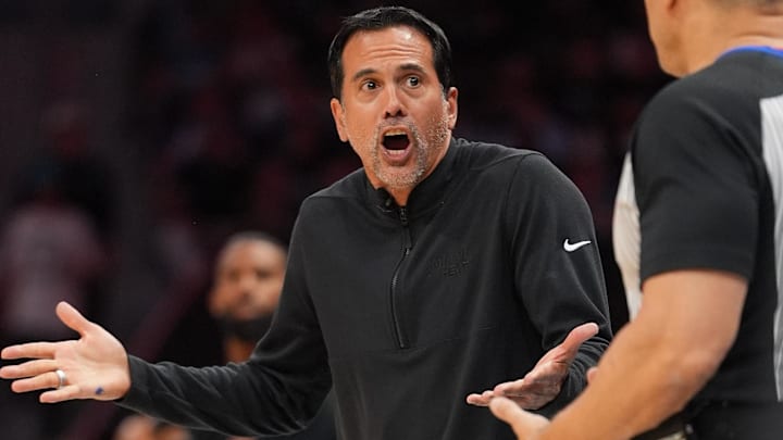 Apr 14, 2026; Charlotte, North Carolina, USA; Miami Heat Head Coach Erik Spoelstra objects to a call during the second quarter during the play-in rounds between the Charlotte Hornets and the Miami Heat of the 2026 NBA Playoffs at Spectrum Center. Mandatory Credit: Jim Dedmon-Imagn Images