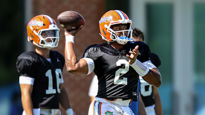 Florida Gators quarterback DJ Lagway has been limited in camp due to a calf injury. Florida Gators quarterback DJ Lagway has been limited in camp due to a calf injury.