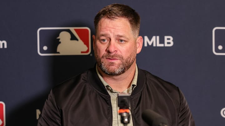 Dec 8, 2025; Orlando, FL, USA; Cleveland Guardians manager Stephen Vogt speaks with the media during the 2025 MLB Winter Meetings at Signia by Hilton Hotel. Mandatory Credit: Mike Watters-Imagn Images