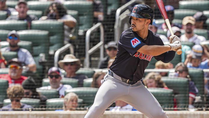 Apr 26, 2024; Cumberland, Georgia, USA; Cleveland Guardians left fielder Steven Kwan (38) bats against the Atlanta Braves during the seventh inning at Truist Park. Mandatory Credit: Dale Zanine-USA TODAY Sports