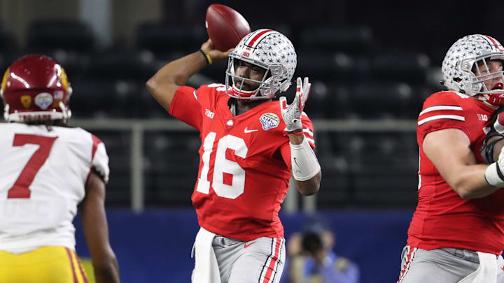 Dec 29, 2017; Arlington, TX, USA; Ohio State Buckeyes quarterback J.T. Barrett (16) throws in the pocket during the third quarter against the Southern California Trojans in the 2017 Cotton Bowl at AT&T Stadium. Mandatory Credit: Matthew Emmons-Imagn Images