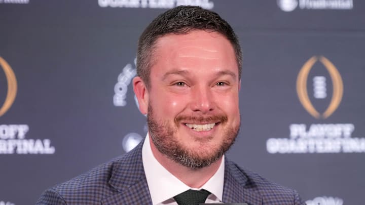 Dec 31, 2024; Los Angeles, California, USA; Oregon Ducks head coach Dan Lanning during the Rose Bowl head coaches press conference at Sheraton Grand LA. Mandatory Credit: Kirby Lee-Imagn Images