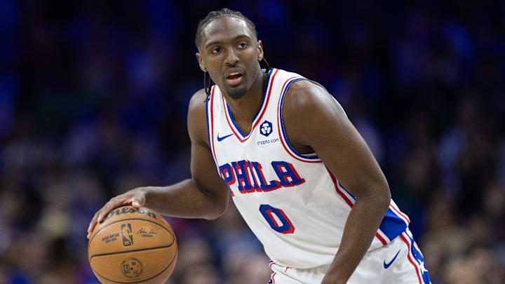 Feb 22, 2025; Philadelphia, Pennsylvania, USA; Philadelphia 76ers guard Tyrese Maxey (0) dribbles the ball against the Brooklyn Nets during the third quarter at Wells Fargo Center. Mandatory Credit: Bill Streicher-Imagn Images