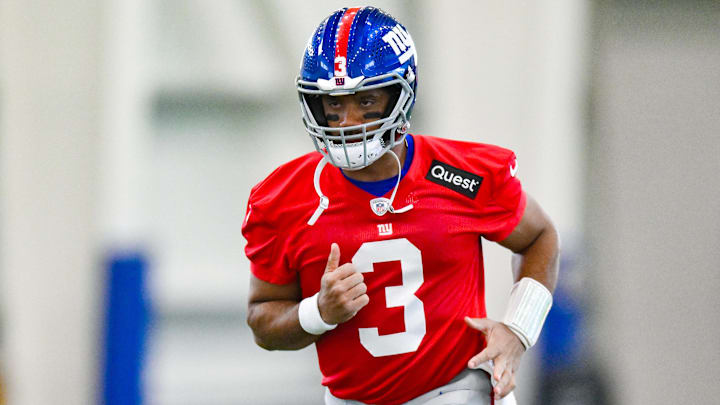 Jun 18, 2025; East Rutherford, NJ, USA; New York Giants quarterback Russell Wilson (3) warms up during minicamp at Quest Diagnostics Training Center. Mandatory Credit: John Jones-Imagn Images