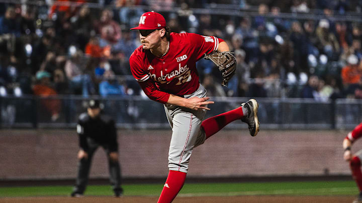 Nebraska pitcher Cooper Katskee delivers against Auburn. Nebraska pitcher Cooper Katskee delivers against Auburn.