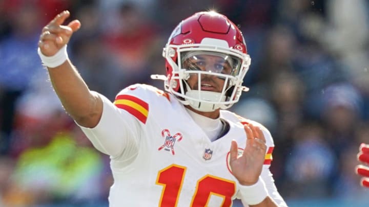 Kansas City Chiefs quarterback Chris Oladokun (19) passes during the second quarter against the Tennessee Titans at Nissan Stadium in Nashville, Tenn., Sunday, Dec. 21, 2025.