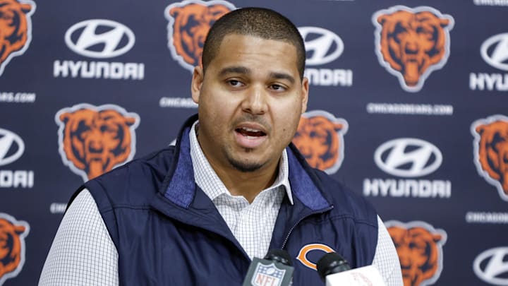 Mar 16, 2023; Lake Forest, IL, USA; Chicago Bears general manager Ryan Poles speaks during a press conference at Halas Hall. Mandatory Credit: Kamil Krzaczynski-Imagn Images Mar 16, 2023; Lake Forest, IL, USA; Chicago Bears general manager Ryan Poles speaks during a press conference at Halas Hall. Mandatory Credit: Kamil Krzaczynski-Imagn Images