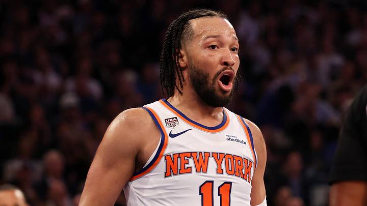 Jun 8, 2026; New York, New York, USA; New York Knicks guard Jalen Brunson (11) reacts to a foul called by referee Marc Davis (8) in the third quarter during game three of the 2026 NBA Finals against the San Antonio Spurs at Madison Square Garden. Mandatory Credit: Geoff Burke-Imagn Images