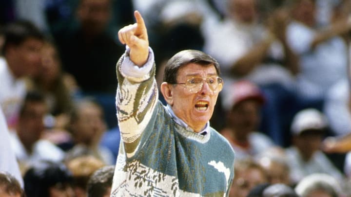 St. John's coach Lou Carnesecca reacts to a play during the team's 1991–92 season.