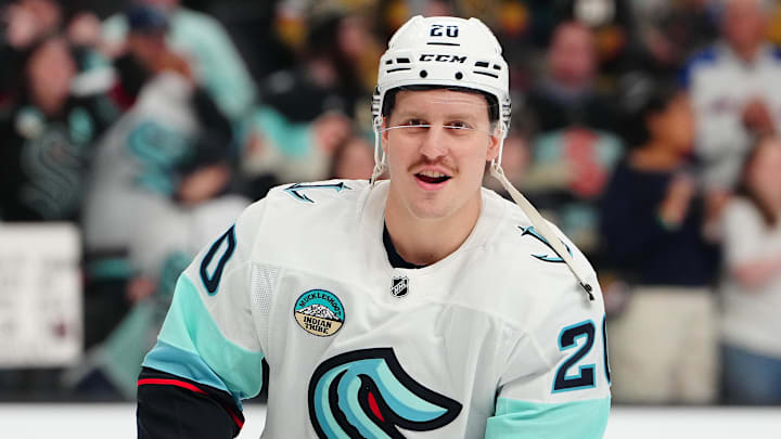 Jan 31, 2026; Las Vegas, Nevada, USA; Seattle Kraken right wing Eeli Tolvanen (20) warms up before a game against the Vegas Golden Knights at T-Mobile Arena. Mandatory Credit: Stephen R. Sylvanie-Imagn Images