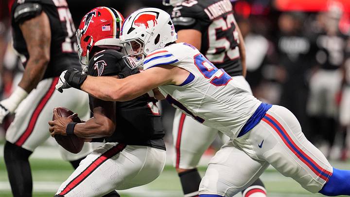 Oct 13, 2025; Atlanta, Georgia, USA; Atlanta Falcons quarterback Michael Penix Jr. (9) is sacked by. Buffalo Bills defensive end Joey Bosa (97) during the first half of a game at Mercedes-Benz Stadium. Mandatory Credit: Dale Zanine-Imagn Images