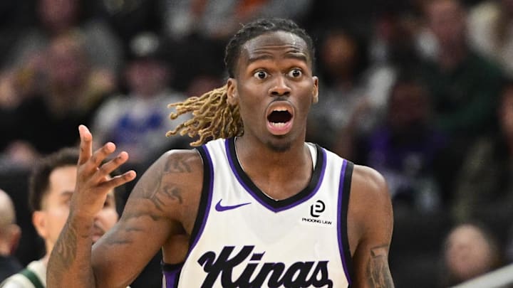 Nov 1, 2025; Milwaukee, Wisconsin, USA;  Sacramento Kings guard Keon Ellis (23) reacts in the second quarter against the Milwaukee Bucks at Fiserv Forum. Mandatory Credit: Benny Sieu-Imagn Images