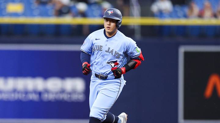 Toronto Blue Jays third baseman Kazuma Okamoto runs the bases.