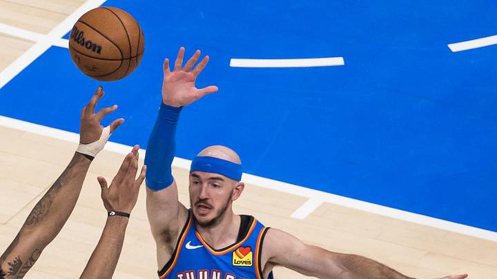 May 18, 2026: Oklahoma City Thunder guard Alex Caruso (9) defends as San Antonio Spurs guard Dylan Harper (2) shoots in the fourth quarter during game one of the western conference finals for the 2026 NBA playoffs at Paycom Center. 