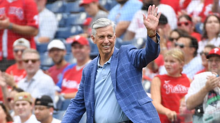 Aug 18, 2024; Philadelphia, Pennsylvania, USA; Former Philadelphia Phillies president Dave Dombrowski during Phillies Alumni Weekend and the 20th anniversary of Citizens Bank Park before game against the Washington Nationals at Citizens Bank Park. 