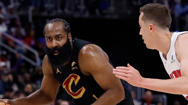 May 7, 2026; Detroit, Michigan, USA; Cleveland Cavaliers guard James Harden (1) dribbles defended by Detroit Pistons forward Duncan Robinson (55) Mandatory Credit: Rick Osentoski-Imagn Images