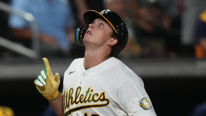 Jun 8, 2026; Summerlin, Nevada, USA; Athletics first baseman Nick Kurtz (16) celebrates after hitting a home run against the Milwaukee Brewers during the tenth inning at the Las Vegas Ballpark. Mandatory Credit: Lucas Peltier-Imagn Images Jun 8, 2026; Summerlin, Nevada, USA; Athletics first baseman Nick Kurtz (16) celebrates after hitting a home run against the Milwaukee Brewers during the tenth inning at the Las Vegas Ballpark. Mandatory Credit: Lucas Peltier-Imagn Images