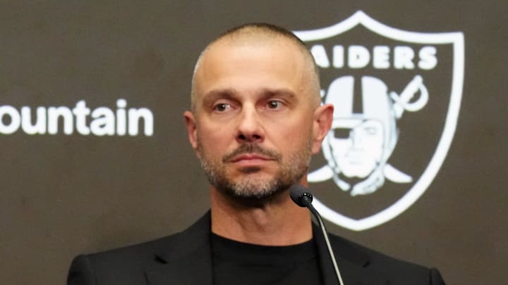 Feb 10, 2026; Henderson, NV, USA;  Las Vegas Raiders coach Klint Kubiak (left) and general manager John Spytek at introductory press conference at Intermountain Health Performance Center. Mandatory Credit: Kirby Lee-Imagn Images