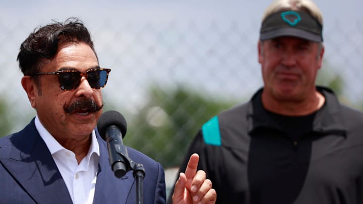 Jacksonville Jaguars owner Shad Khan speaks as Head Coach Doug Pederson listens in as the business bearing the name on the new practice facility, Miller Electric Center, is announced during a media conference after a minicamp football practice Monday, June 13, 2022 at TIAA Bank Field in Jacksonville.

Jki Jagspracticefacility 09