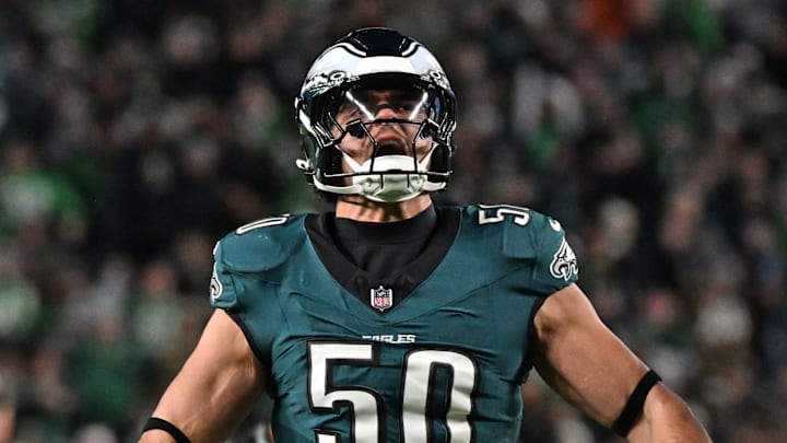 Nov 16, 2025; Philadelphia, Pennsylvania, USA; Philadelphia Eagles linebacker Jaelan Phillips (50) celebrates a sack against the Detroit Lions at Lincoln Financial Field. Mandatory Credit: Eric Hartline-Imagn Images