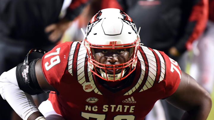 Oct 30, 2021; Raleigh, North Carolina, USA; North Carolina State Wolfpack tackle Ikem Ekwonu (79) warms up prior to a game against the Louisville Cardinals at Carter-Finley Stadium. Mandatory Credit: Rob Kinnan-Imagn Images Oct 30, 2021; Raleigh, North Carolina, USA; North Carolina State Wolfpack tackle Ikem Ekwonu (79) warms up prior to a game against the Louisville Cardinals at Carter-Finley Stadium. Mandatory Credit: Rob Kinnan-Imagn Images