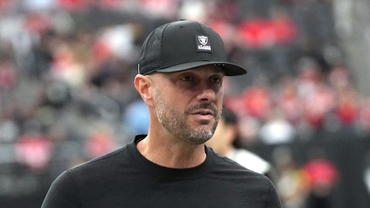 Jan 4, 2026; Paradise, Nevada, USA; Las Vegas Raiders general manager John Spytek reacts during the game against the Kansas City Chiefs at Allegiant Stadium. Mandatory Credit: Kirby Lee-Imagn Images