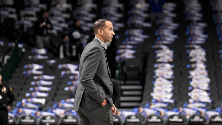 Feb 10, 2025; Dallas, Texas, USA; Dallas Mavericks general manager Nico Harrison walks on to the court before the game between the Dallas and the Sacramento Kings at the American Airlines Center. Mandatory Credit: Jerome Miron-Imagn Images