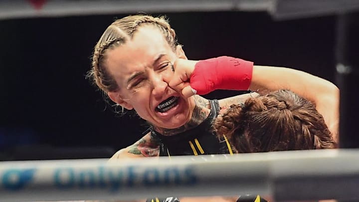 Fighter Taylor Starling gets punched in the face by Shelby Cannon during the Bare Knuckles Championship 