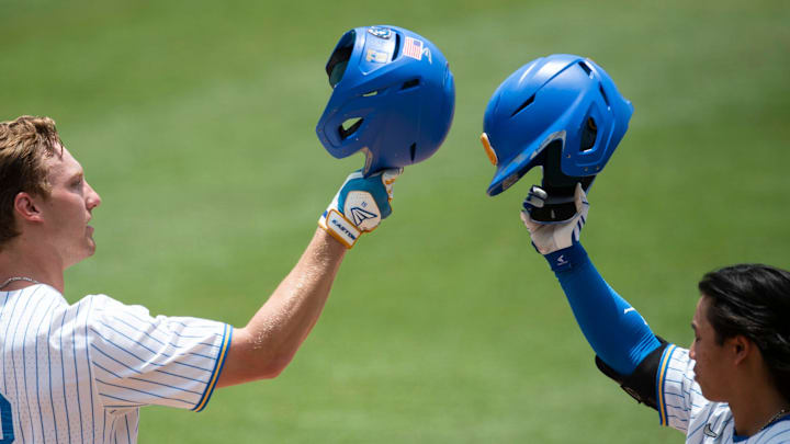 UCLA Bruins outfielder Carson Yates (18) celebrates after hitting a home run as Florida State Seminoles take on UCLA Bruins during the NCAA regional baseball tournament at Plainsman Park in Auburn, Ala., on Friday, June 3, 2022.