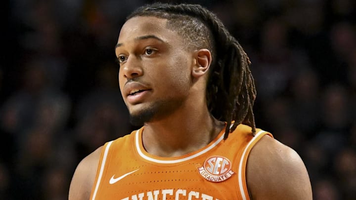 Feb 22, 2025; College Station, Texas, USA; Tennessee Volunteers guard Chaz Lanier (2) looks on during the second half against the Texas A&M Aggies at Reed Arena. Mandatory Credit: Maria Lysaker-Imagn Images 