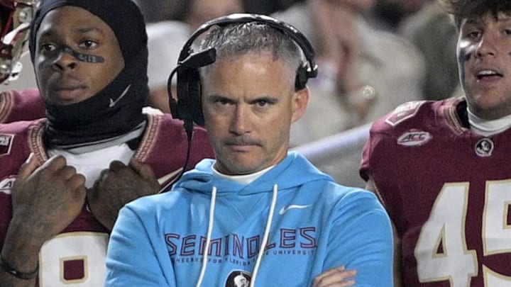 Nov 1, 2025; Tallahassee, Florida, USA; Florida State Seminoles head coach Mike Norvell during the first quarter against the Wake Forest Demon Deacons at Doak S. Campbell Stadium. Mandatory Credit: Melina Myers-Imagn Images