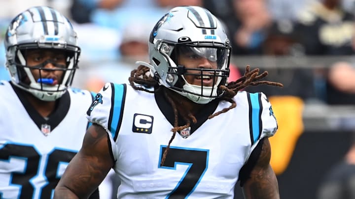 Sep 25, 2022; Charlotte, North Carolina, USA; Carolina Panthers linebacker Shaq Thompson (7) and cornerback Myles Hartsfield (38) react in the second quarter at Bank of America Stadium. Mandatory Credit: Bob Donnan-Imagn Images