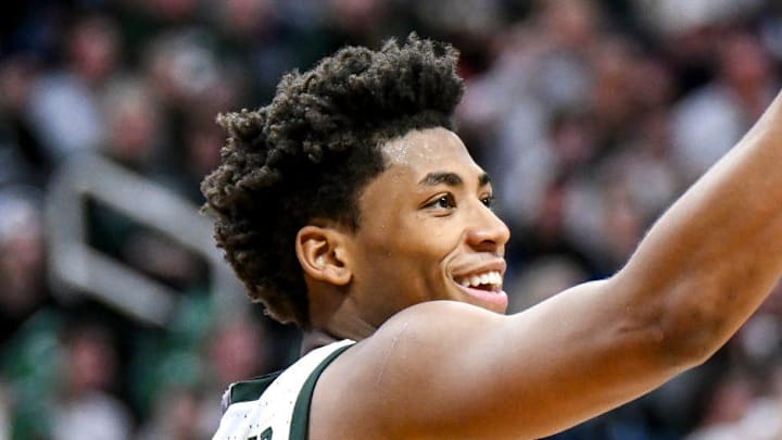 Michigan State's Jeremy Fears Jr., left, gets the crowd pumped up after an Indiana timeout during the second half on Tuesday, Jan. 13, 2026, at the Breslin Center in East Lansing. Michigan State's Jeremy Fears Jr., left, gets the crowd pumped up after an Indiana timeout during the second half on Tuesday, Jan. 13, 2026, at the Breslin Center in East Lansing.
