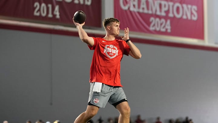 Ohio State Buckeyes quarterback Will Howard throws during the pro day for NFL scouts at the Woody Hayes Athletic Cente on March 26, 2025.