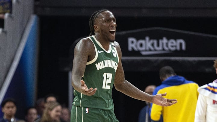Milwaukee Bucks forward Taurean Prince reacts as he whistled for a personal foul and then a technical foul during the first quarter against the Golden State Warriors at Chase Center on March 18.