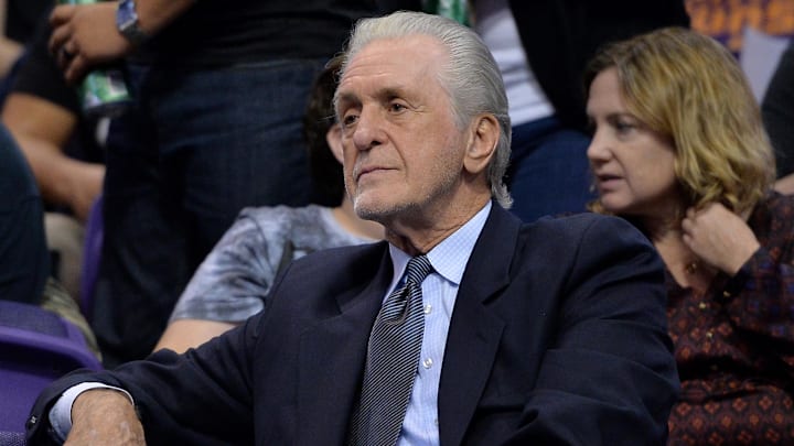 Nov 8, 2017; Phoenix, AZ, USA; Miami Heat president Pat Riley watches a game between the Miami Heat and Phoenix Suns at Talking Stick Resort Arena. Mandatory Credit: Jennifer Stewart-Imagn Images