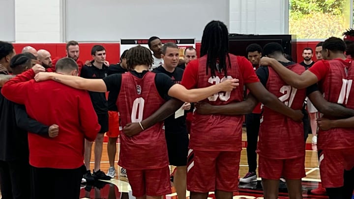 Will Wade and the N.C. State men's basketball team on Monday, Sept. 22, 2025, during the first official day of practice inside the Dail Basketball Center. Will Wade and the N.C. State men's basketball team on Monday, Sept. 22, 2025, during the first official day of practice inside the Dail Basketball Center.