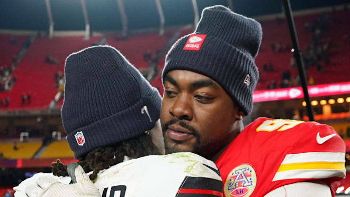 Dec 7, 2025; Kansas City, Missouri, USA; Houston Texans quarterback C.J. Stroud (7) and Kansas City Chiefs defensive tackle Chris Jones (95) greet each other after the game at GEHA Field at Arrowhead Stadium. Mandatory Credit: Denny Medley-Imagn Images