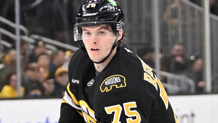 Mar 19, 2026; Boston, Massachusetts, USA; Boston Bruins forward Lukas Reichel (75) controls the puck against the Winnipeg Jets during the third period at TD Garden. Mandatory Credit: Eric Canha-Imagn Images