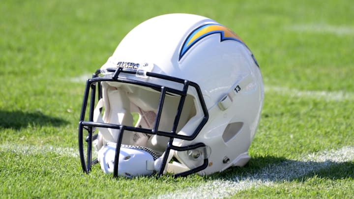 Aug 20, 2017; Carson, CA, USA; Los Angeles Chargers helmet of wide receiver Keenan Allen (13) on the field during a NFL football game against the New Orleans Saints at StubHub Center. Mandatory Credit: Kirby Lee-Imagn Images