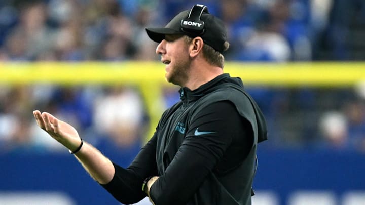 Dec 28, 2025; Indianapolis, Indiana, USA; Jacksonville Jaguars head coach Liam Coen during the second half against the Indianapolis Colts at Lucas Oil Stadium. Mandatory Credit: Robert Goddin-Imagn Images