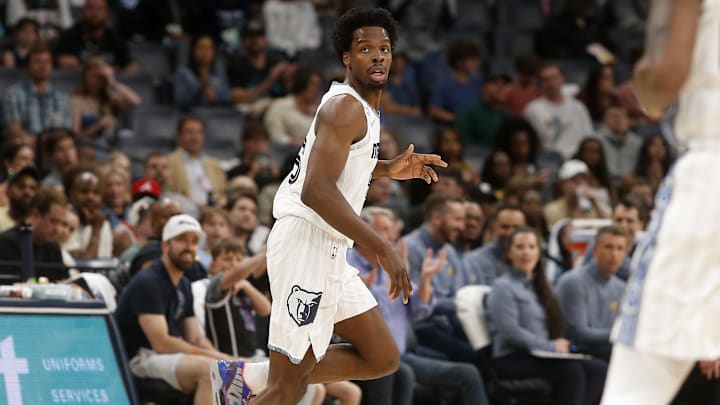 Apr 3, 2026; Memphis, Tennessee, USA; Memphis Grizzlies forward Toby Okani (5) reacts after a basket during the first quarter against the Toronto Raptors at FedExForum. Mandatory Credit: Petre Thomas-Imagn Images