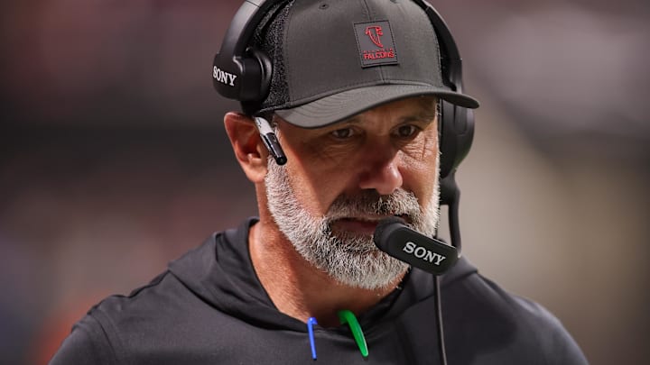 Dec 29, 2025; Atlanta, Georgia, USA; Atlanta Falcons defensive coordinator Jeff Ulbrich on the sideline against the Los Angeles Rams in the second quarter at Mercedes-Benz Stadium.